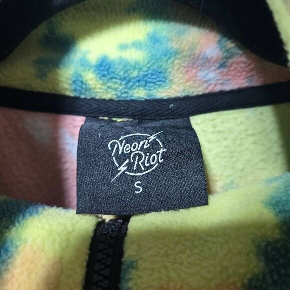 Neon Riot fleece jacket coat tie dye neon yellow mauve pink slate navy blue - Picture 3 of 4